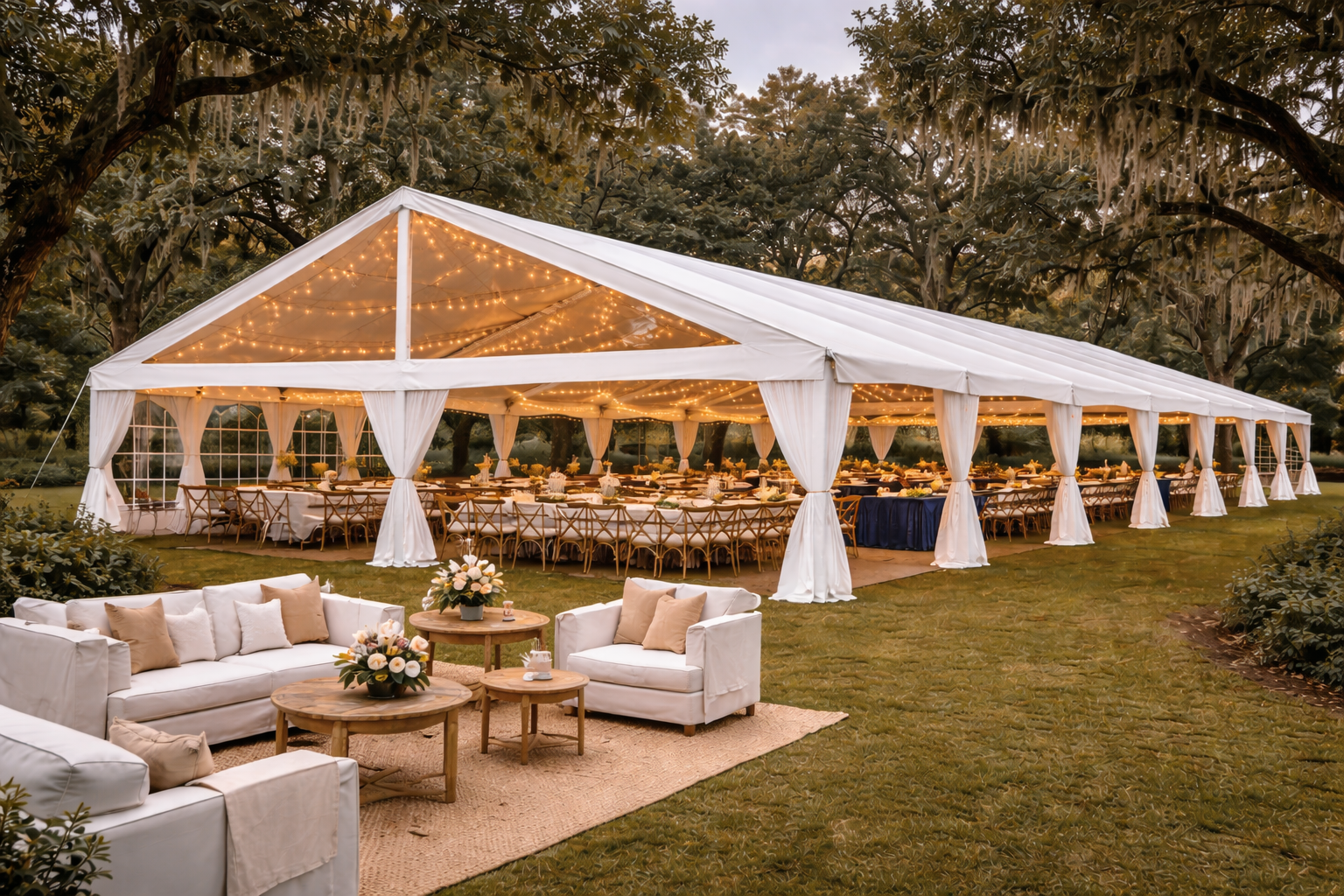 Apex tented wedding reception at dusk with string lighting in Gainesville, FL